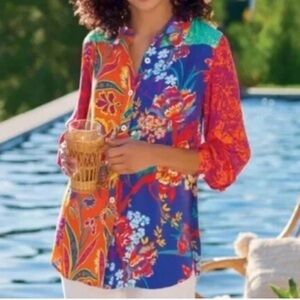 Soft Surroundings Hermosa Mixed Print Floral Embroidered Tunic Top Blouse PXL